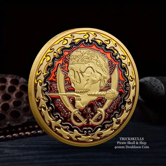 Pirate Skull Ship Enamel Doubloon Coin in Glass Locket & Custom Wheat Link Chain - Picture 4 of 10